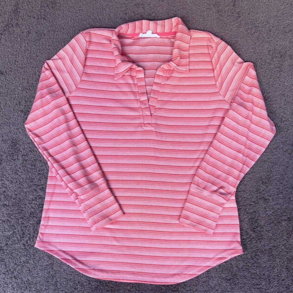 Jane‎ + Delancey Womens Medium Coral Pink Striped Waffle Knit Polo V-Neck Top